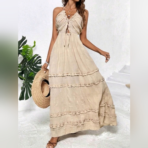 NEW Boho Tie Back Halter Ruffle Maxi Dress Beige Tan Nude - Picture 6 of 11